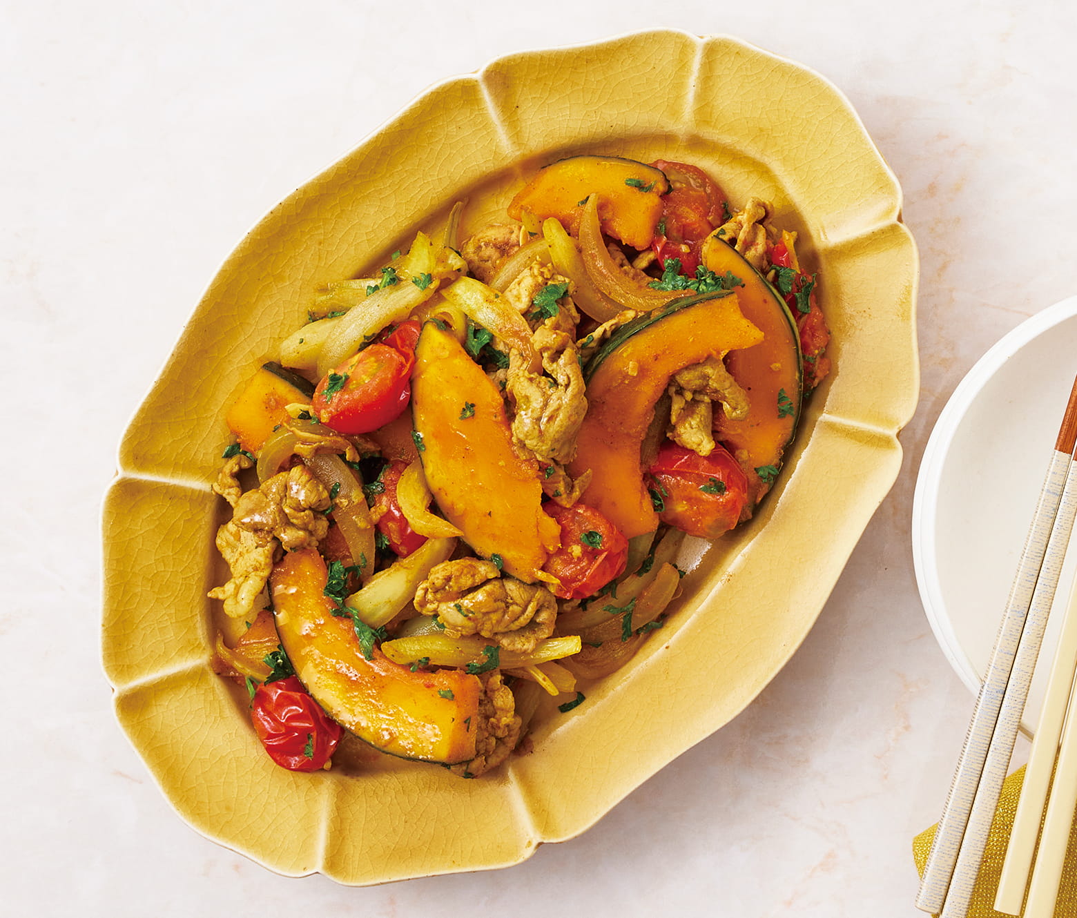 かぼちゃと豚肉のカレーしょうゆ炒め